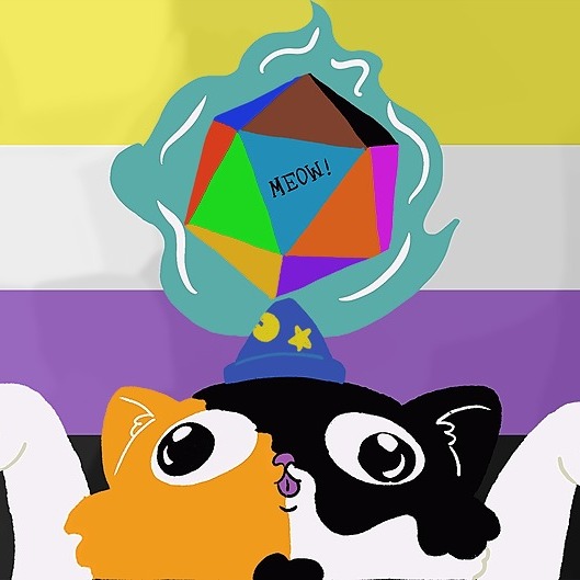 A cat in front of a non-binary flag, wearing a wizard hat and magicking a die to hover in the air